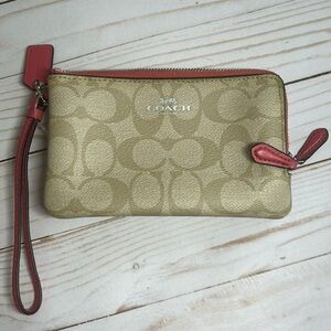 Wristle corner zip wallet tan and coral new 6”x 4”